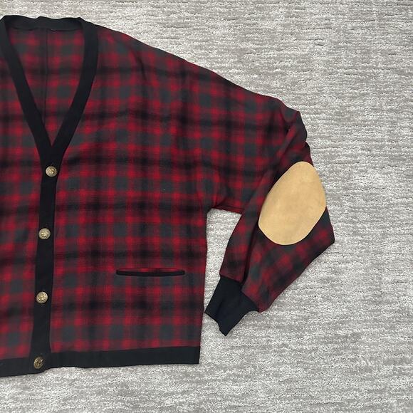 Vintage Pendleton Cardigan Sweater Mens 2XL Red Plaid Wool Elbow Patch Grandpa - Picture 4 of 12